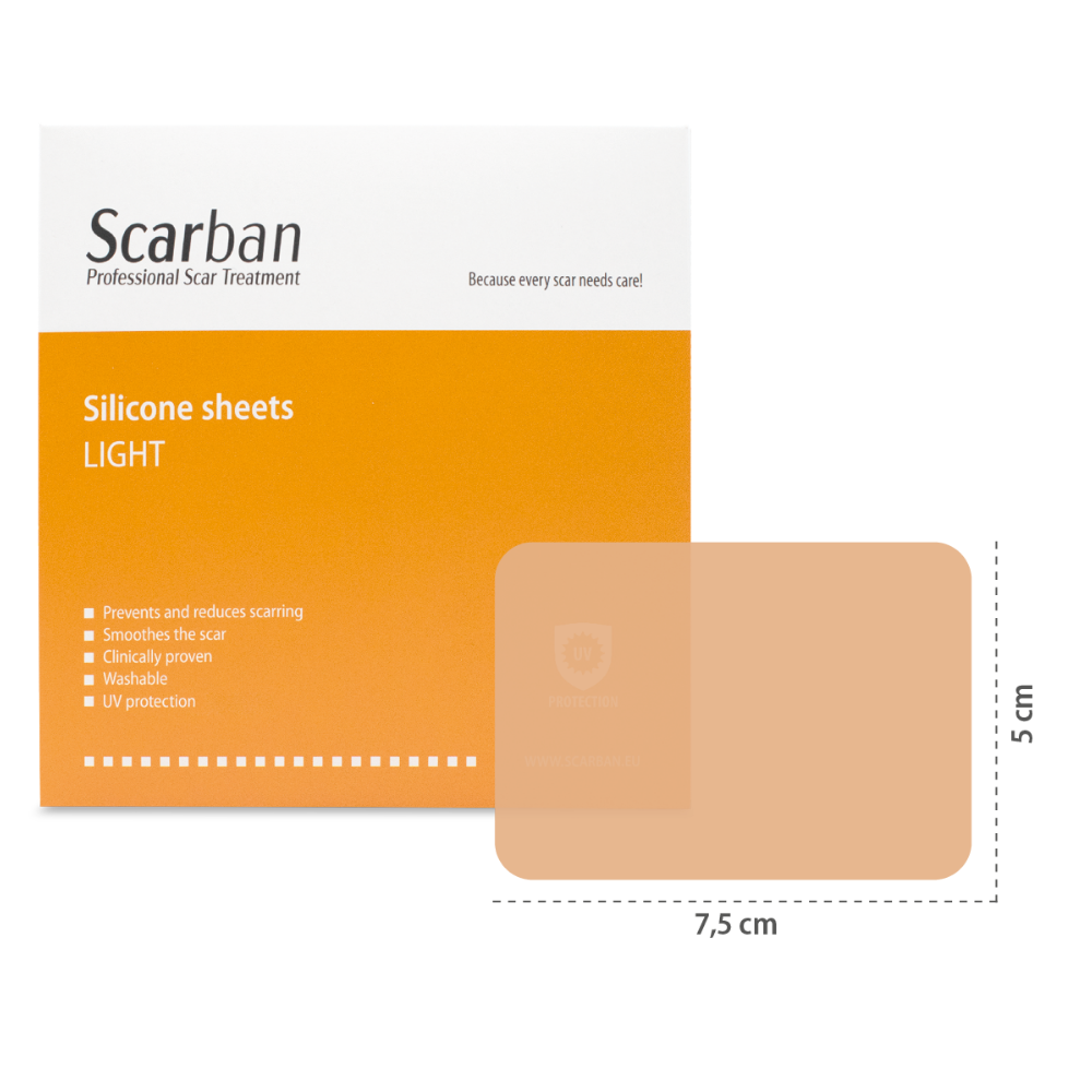 silicone sheets in a thin transparent flexible sheet with Scarban Light orange and white packaging, 5 x 7.5 cm