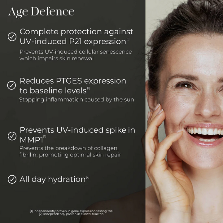 Skin Diary Bundle skincare promotion featuring an Age Defence SPF formula and smiling woman with radiant skin