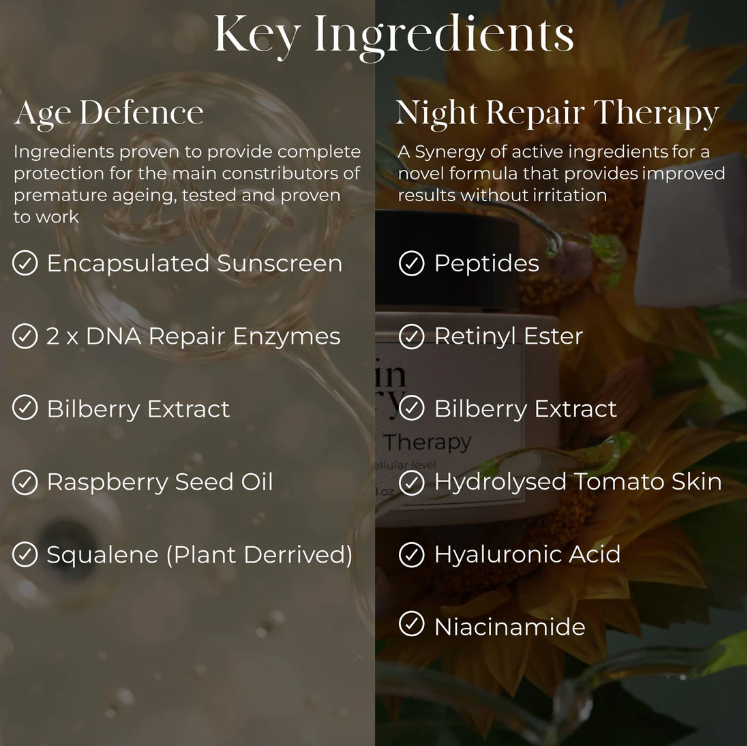 Skin Diary Bundle key ingredients graphic listing age defence and night repair therapy formulas with skincare actives