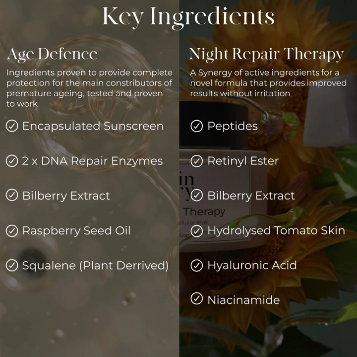 Skin Diary Bundle key ingredients graphic listing age defence and night repair therapy formulas with skincare actives