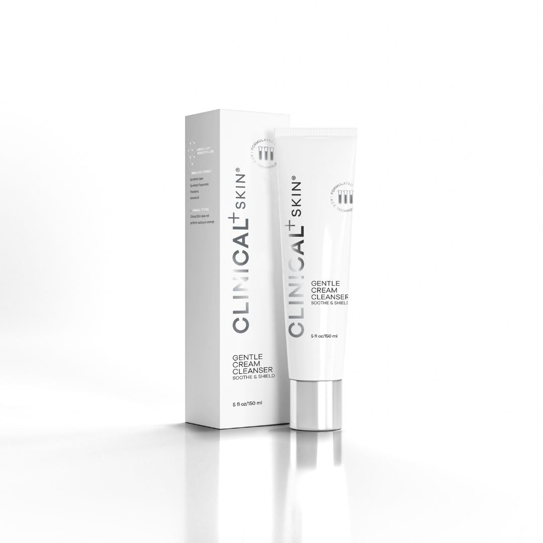 Skin Gentle Cream Cleanser in a white tube and matching box with minimalist Clinical+ Skin branding