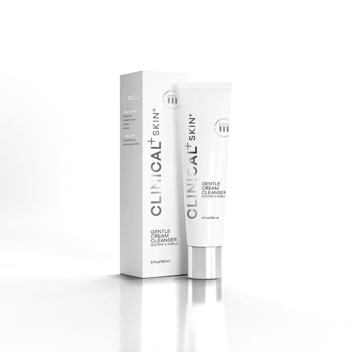 Skin Gentle Cream Cleanser in a white tube and matching box with minimalist Clinical+ Skin branding