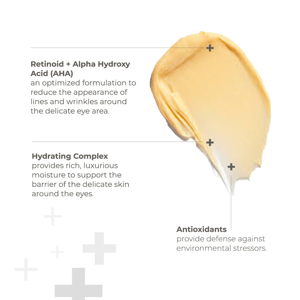 Skinbetter Science eye cream with a golden gel texture, showcasing retinoid, AHA, hydrating complex and antioxidants