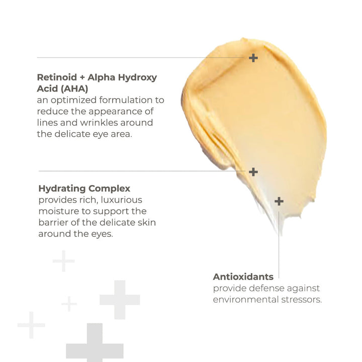 Skinbetter Science eye cream with a golden gel texture, showcasing retinoid, AHA, hydrating complex and antioxidants