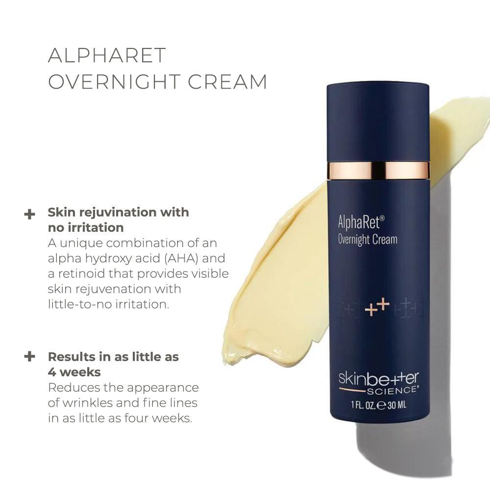 Skinbetter Science AlphaRet dark blue bottle with gold accent containing overnight cream beside smooth cream swatch