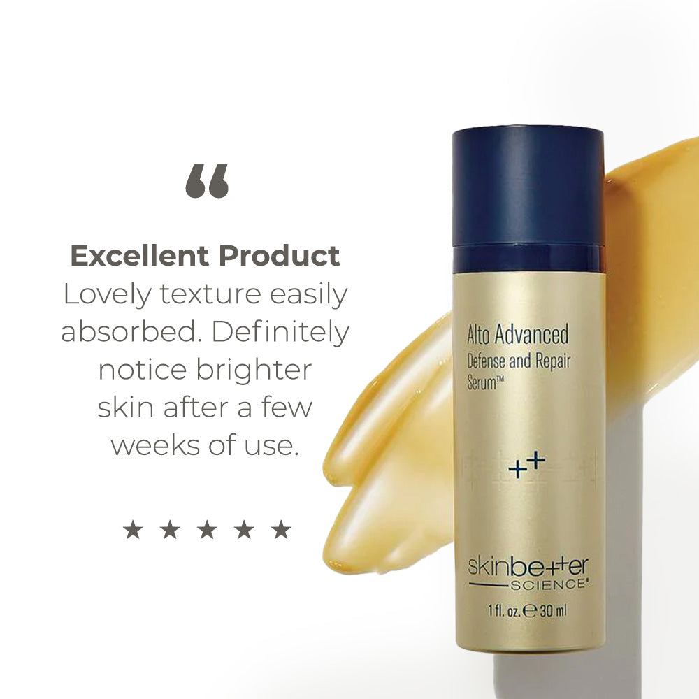 Skinbetter Science Alto Defense advanced serum pump bottle in beige with dark blue cap and smooth creamy beige serum swatch