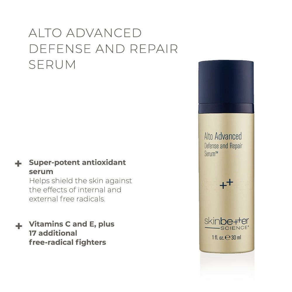 Skinbetter Science Alto Defense advanced serum bottle in gold with navy blue cap, antioxidant formula for skin repair