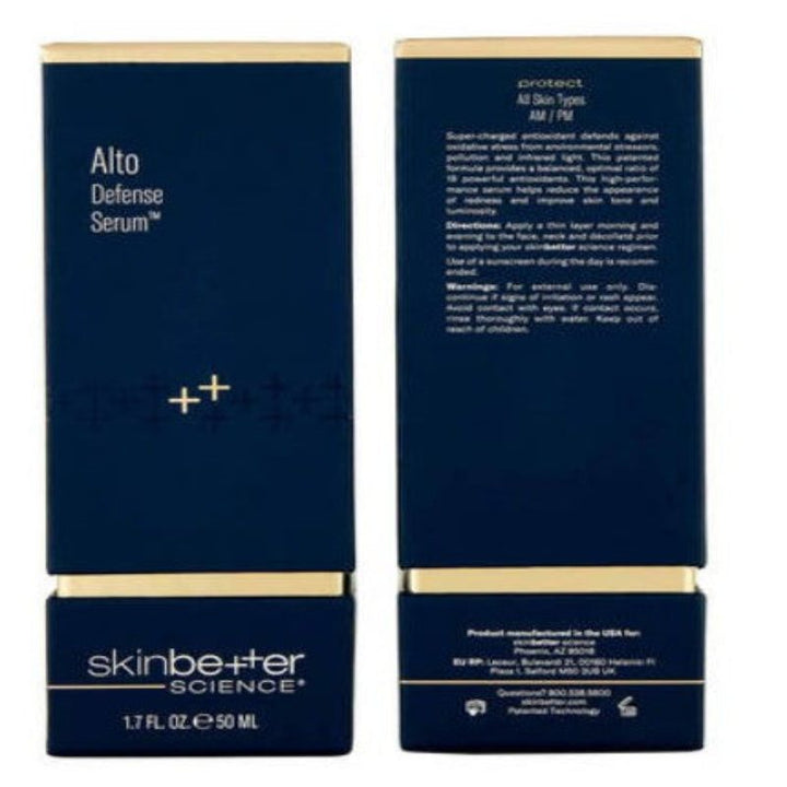 SkinBetter Science Alto Defense Serum blue and gold rectangular packaging with front and back product details