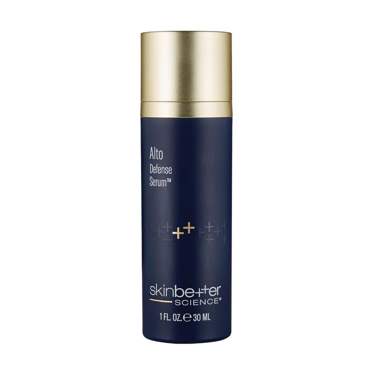 SkinBetter Science Alto Defense Serum in a navy blue bottle with a metallic gold cap, 30ml pump container