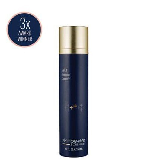 SkinBetter Science Alto Defense Serum in a navy blue bottle with a gold cap and 3x award winner badge