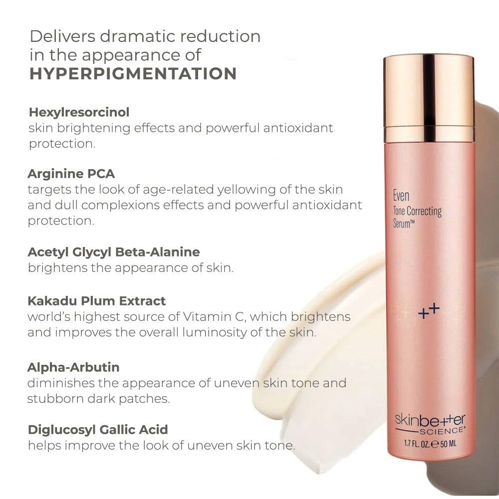 Skinbetter Science EvenTone Correcting Serum in a rose-gold pump bottle with visible ingredient benefits text