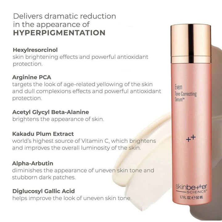 Skinbetter Science EvenTone Correcting Serum in a rose-gold pump bottle with visible ingredient benefits text