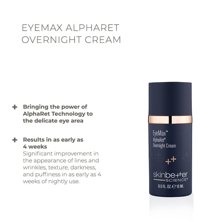 Skinbetter Science EyeMax AlphaRet overnight eye cream in a navy blue cylindrical pump bottle