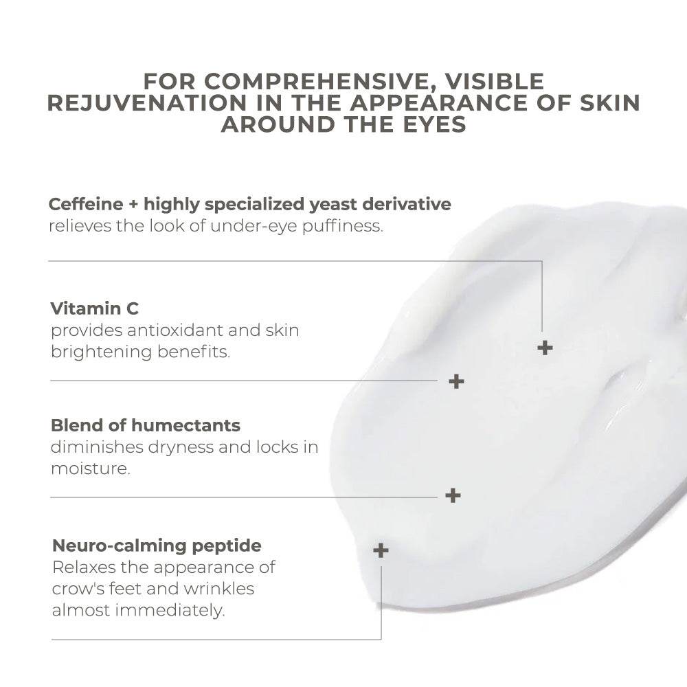 Skinbetter Science InterFuse eye cream with white gel texture and labeled caffeine, vitamin C, humectants, and peptide benefits