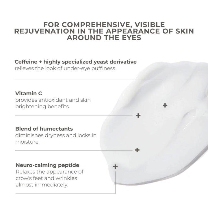Skinbetter Science InterFuse eye cream with white gel texture and labeled caffeine, vitamin C, humectants, and peptide benefits