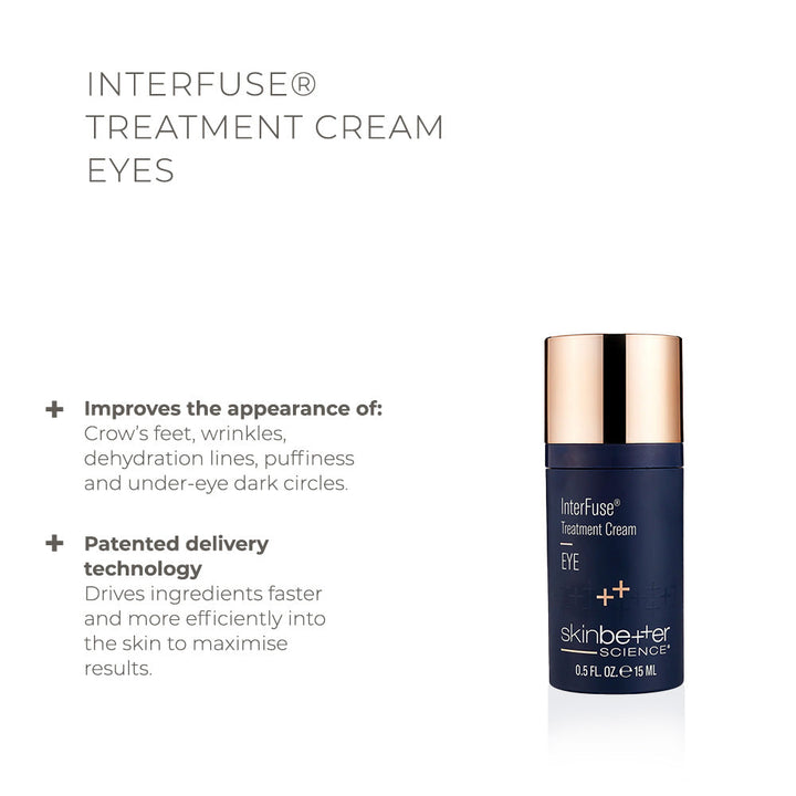 Skinbetter Science InterFuse eye treatment cream in a navy and rose gold pump bottle with patented technology