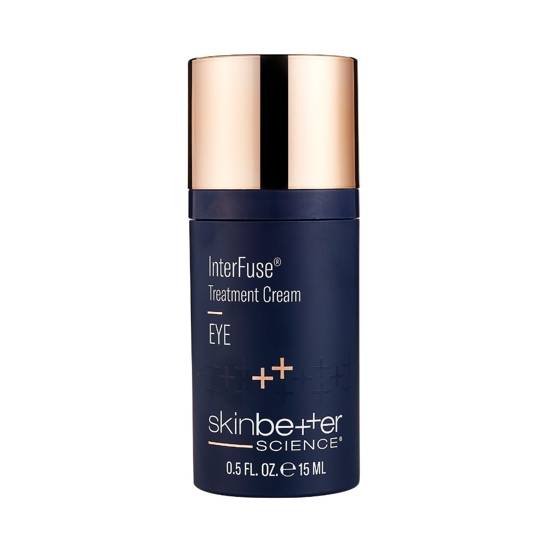 Skinbetter Science InterFuse eye treatment cream in a navy dispenser with rose gold cap and pump