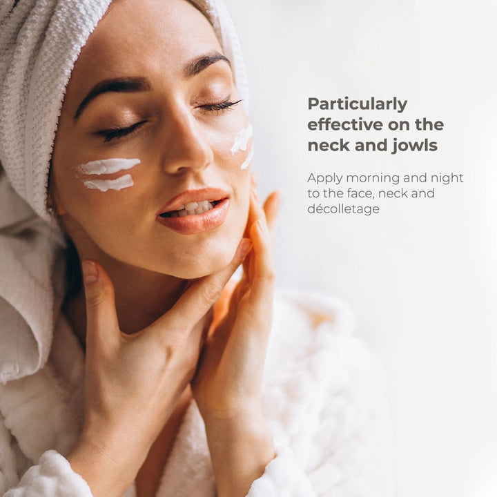 Skinbetter Science InterFuse face and neck cream shown as white cream applied to a woman's cheeks