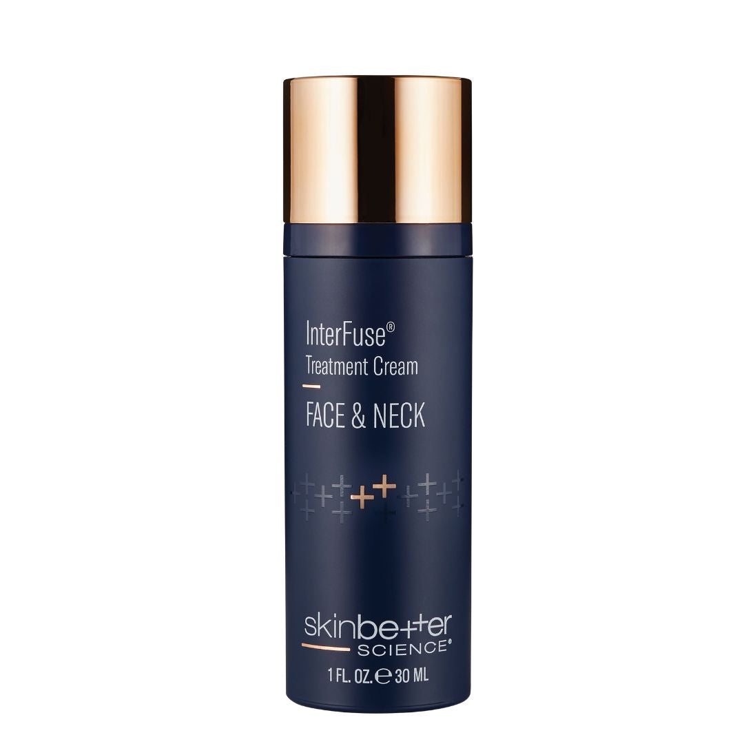 Skinbetter Science InterFuse face and neck treatment cream in a navy bottle with a rose gold cap