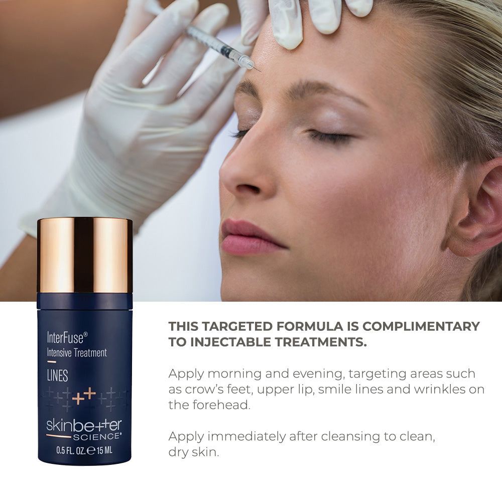 Skinbetter Science InterFuse Intensive Treatment LINES in navy bottle with gold cap beside injector treatment
