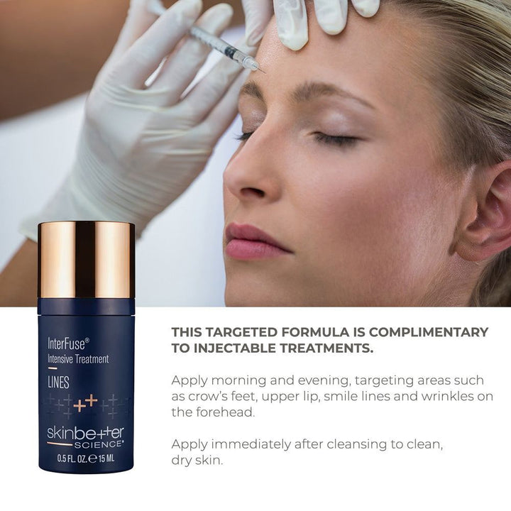 Skinbetter Science InterFuse Intensive Treatment LINES in navy bottle with gold cap beside injector treatment