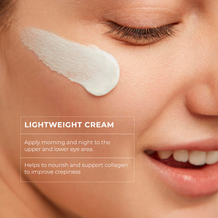 Skinbetter Science InterFuse lightweight white eye cream applied beneath a closed eye, supporting collagen and smoothing crepiness