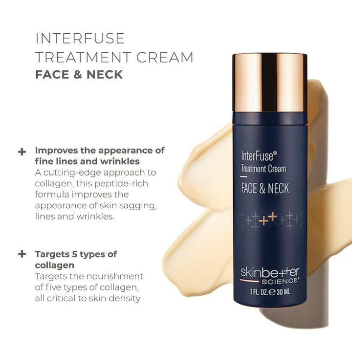Skinbetter Science InterFuse treatment cream in navy and gold pump bottle for face and neck