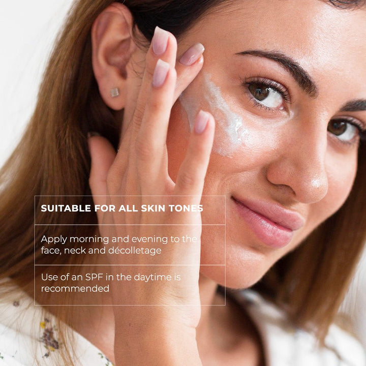Skinbetter Science skincare serum promotion featuring woman touching glowing cheek and text about all skin tones