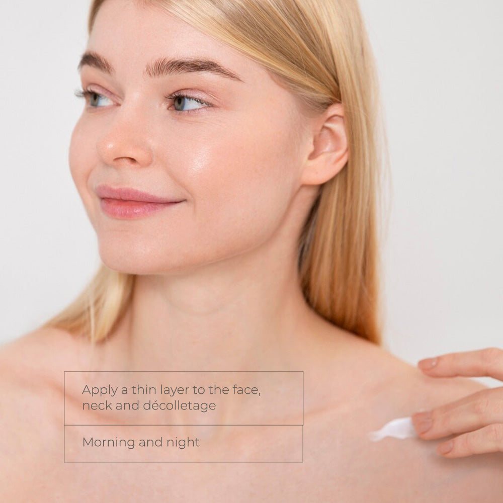 Skinbetter Science Trio Rebalancing Moisture Treatment applied to a woman's face, neck and décolletage