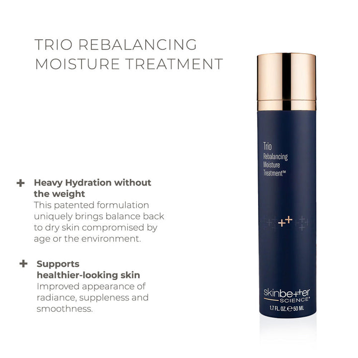 Skinbetter Science Trio Rebalancing Moisture Treatment in a navy blue pump bottle with metallic gold cap