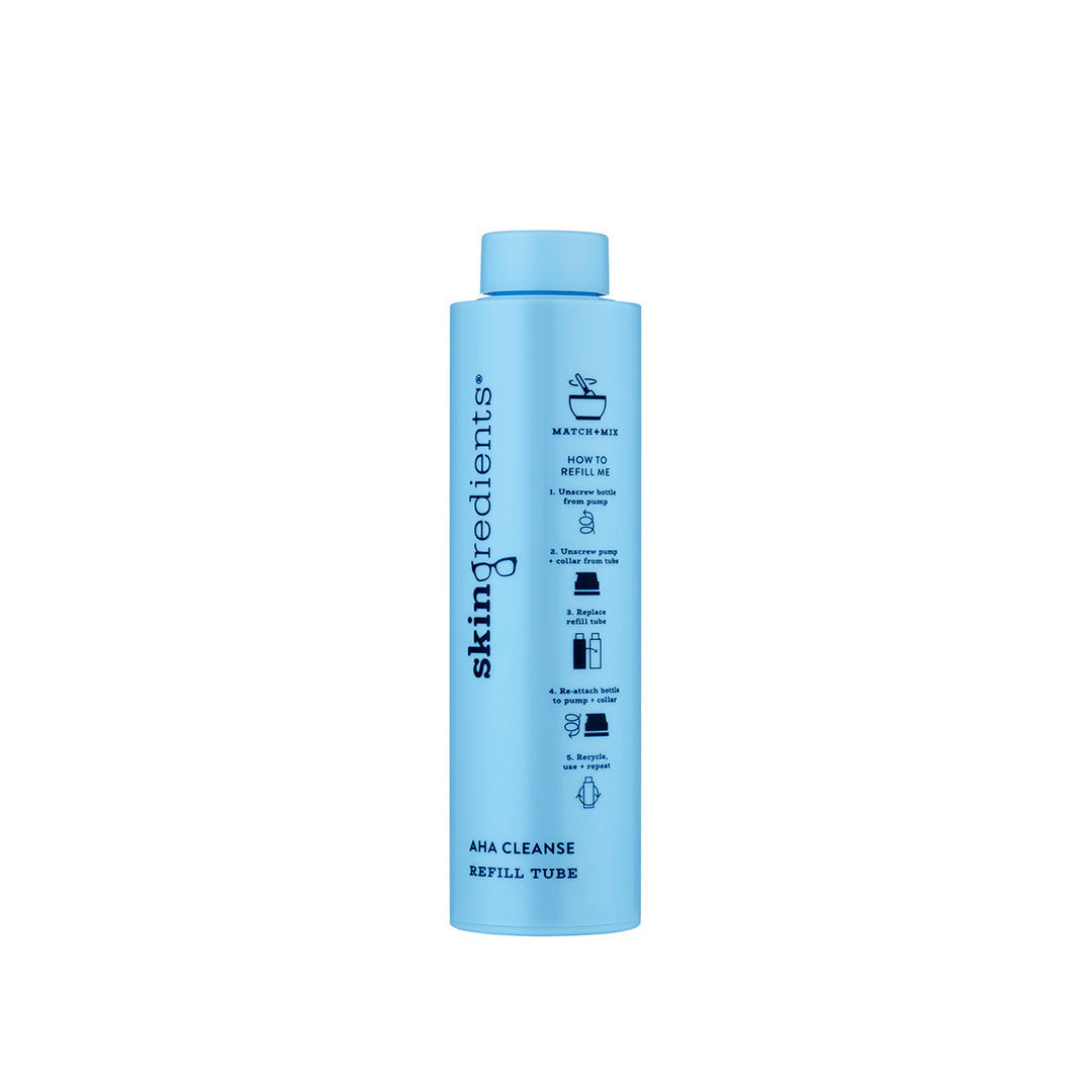 Skingredients AHA Cleanse refill tube in light blue plastic with matching cap and printed refill instructions