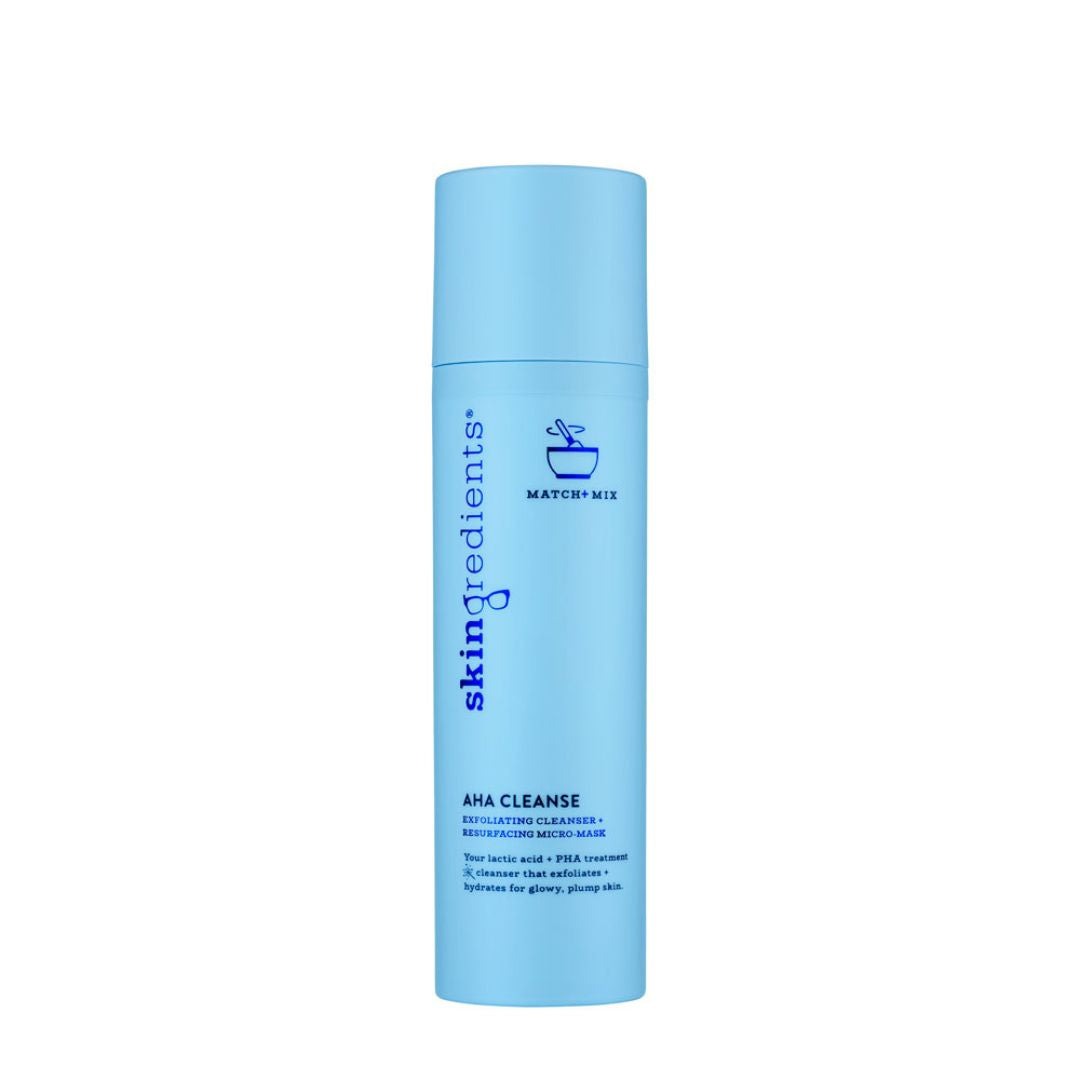 Skingredients AHA Lactic Acid Cleanser in a blue cylindrical bottle with Match + Mix branding
