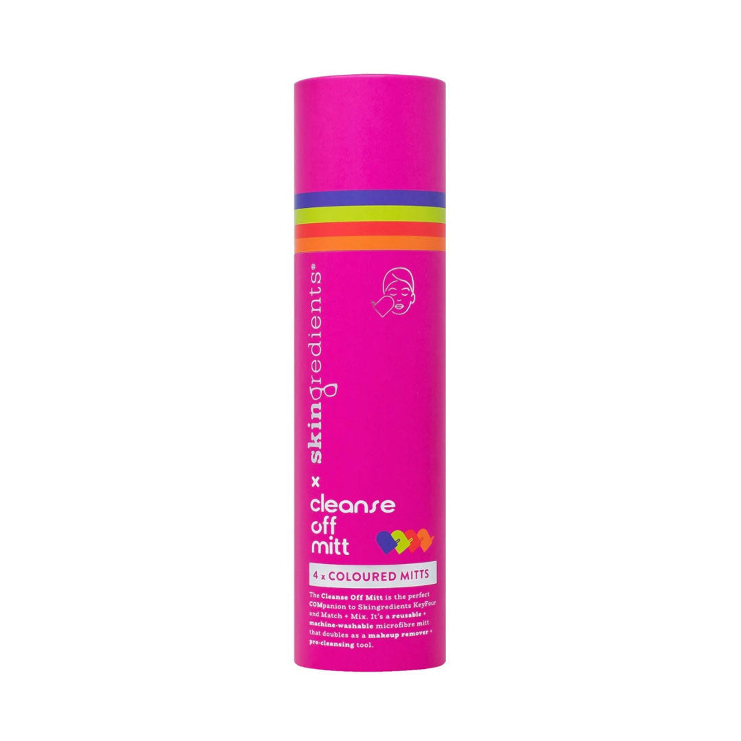 Skingredients Cleanse Off Mitt 4 pack in bright pink cylindrical packaging with colourful striped bands