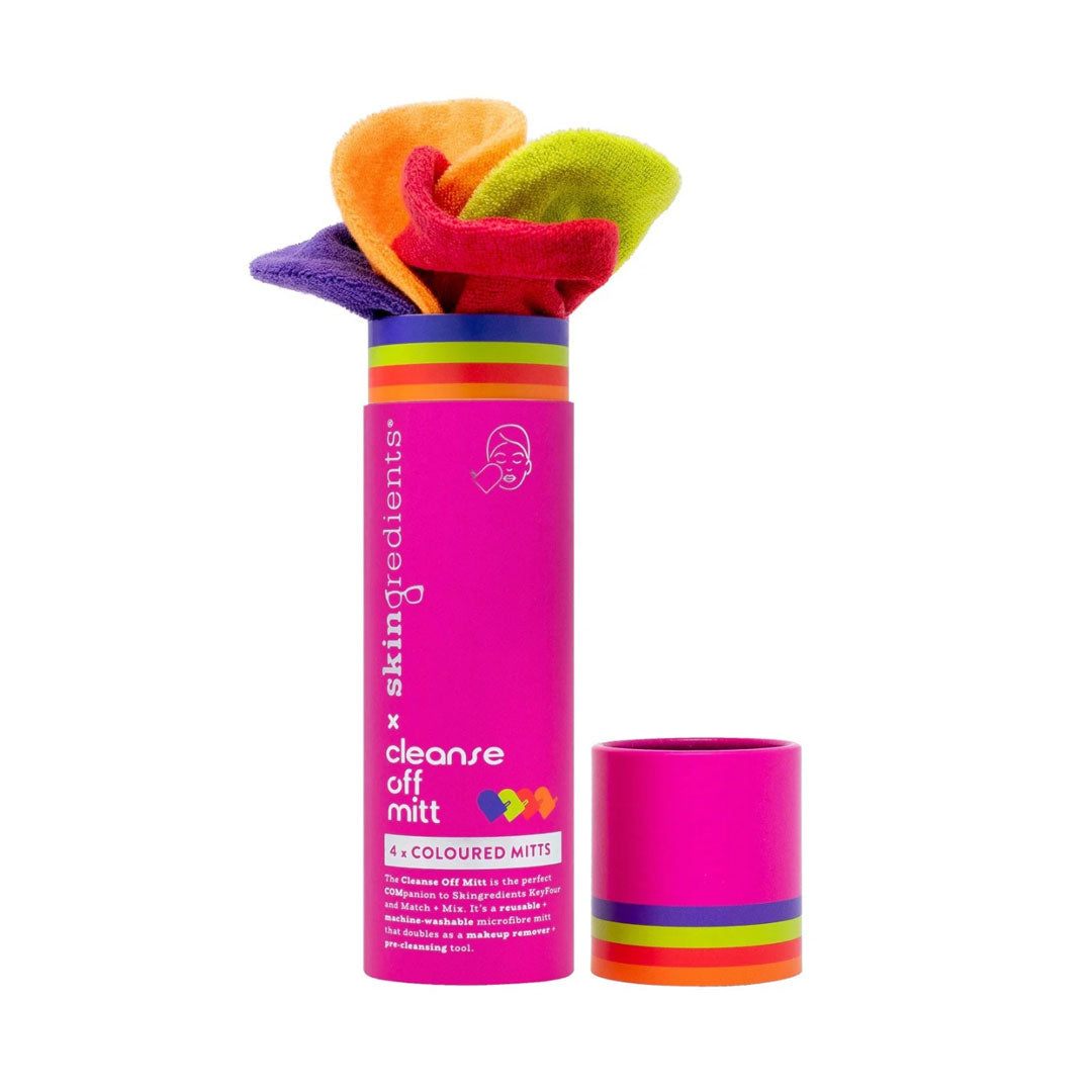 Skingredients Cleanse Off Mitt four colourful microfibre makeup removal mitts in a bright pink tube