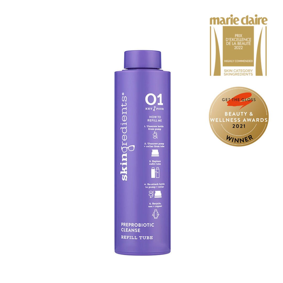 Skingredients PreProbiotic Cleanser purple refill tube with 01 refill instructions and award badges