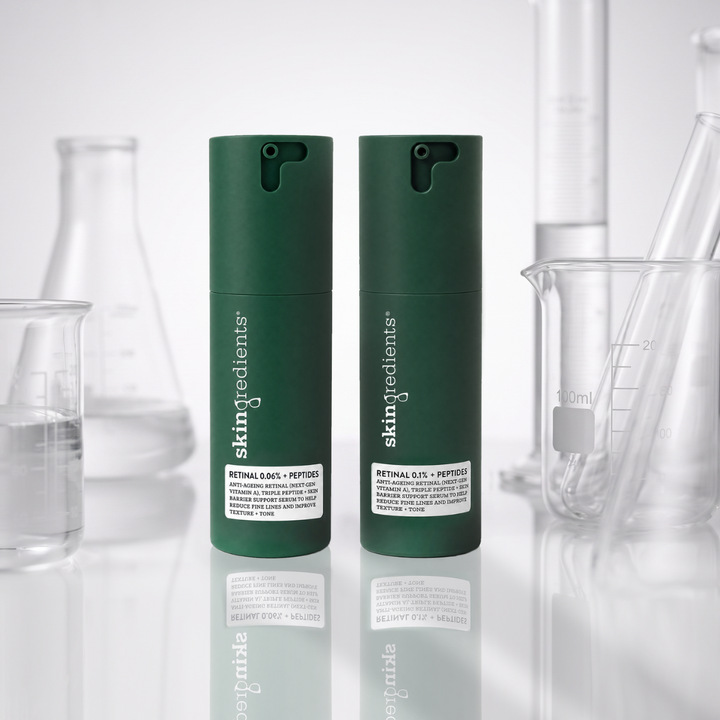 Skingredients Retinal 0.06% + Peptides Serum in dark green cylindrical pump bottles with white labels