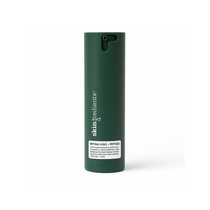 Skingredients Retinal 0.06% + Peptides Serum in a dark green cylindrical pump bottle with white label