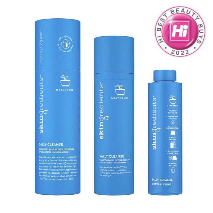 Skingredients Sally Cleanse blue cylindrical cleanser bottles with white lettering and matching refill tube