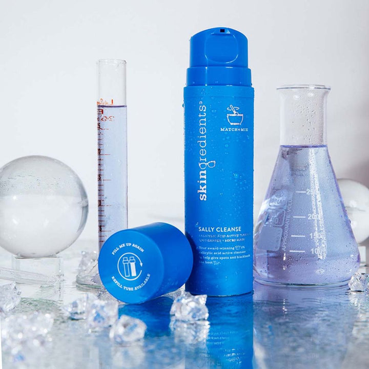Skingredients Sally Cleanse blue plastic pump bottle with matching cap and white printed label