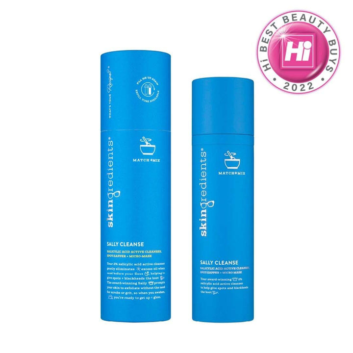 Skingredients Sally Cleanse blue 2% salicylic acid cleanser bottle and matching carton packaging