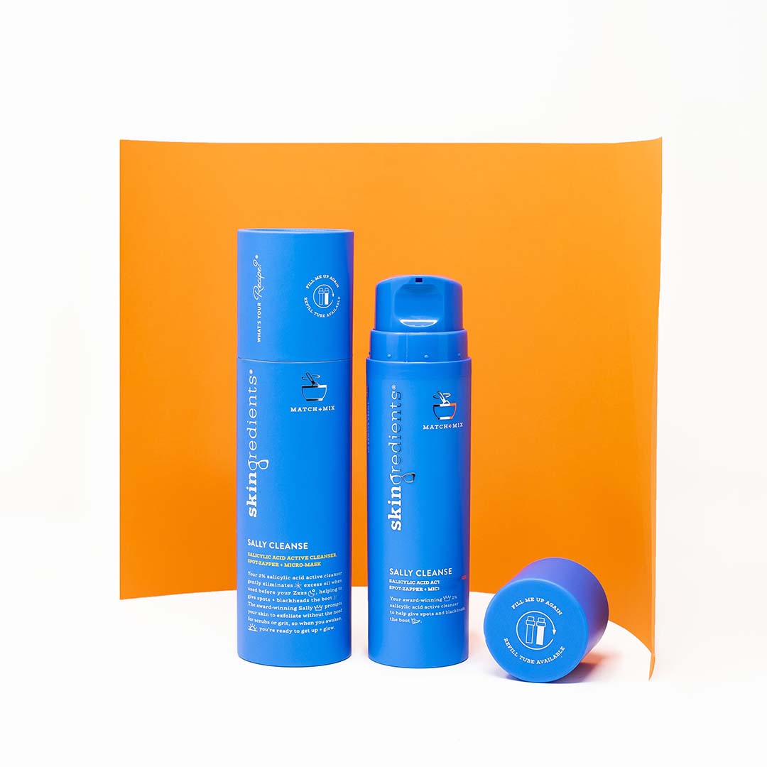 Skingredients Sally Cleanse blue salicylic acid cleanser bottle, carton and jar with matching branded packaging