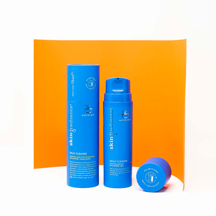 Skingredients Sally Cleanse blue salicylic acid cleanser bottle, carton and jar with matching branded packaging