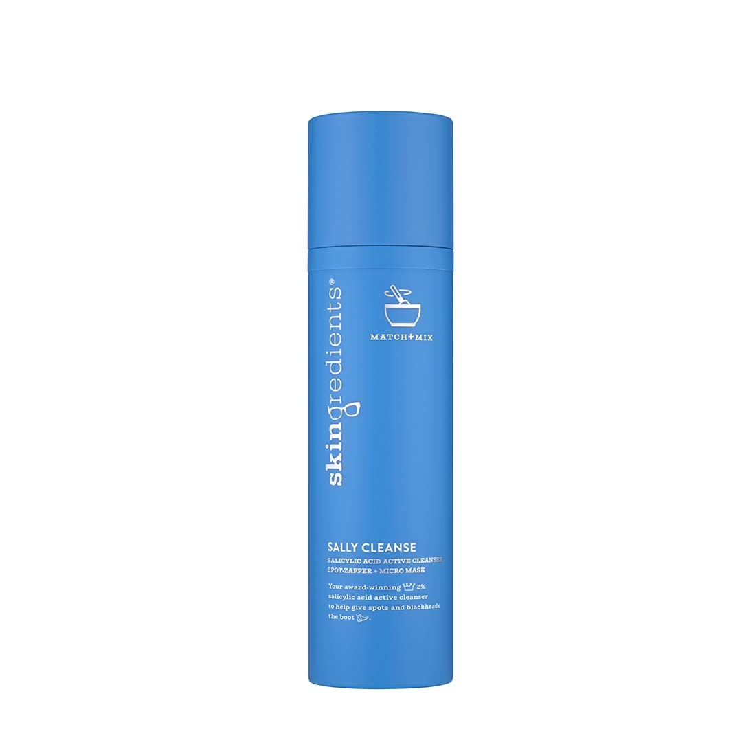 Skingredients Sally Cleanse blue cylindrical salicylic acid cleanser bottle with white text and pump cap