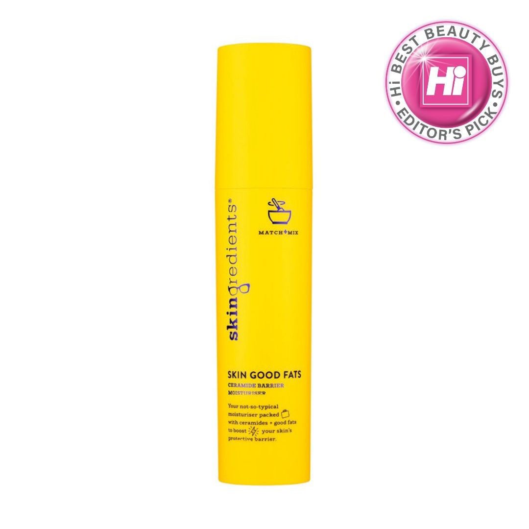 Skingredients Skin Good Fats yellow cylindrical moisturiser stick with black text and pump dispenser