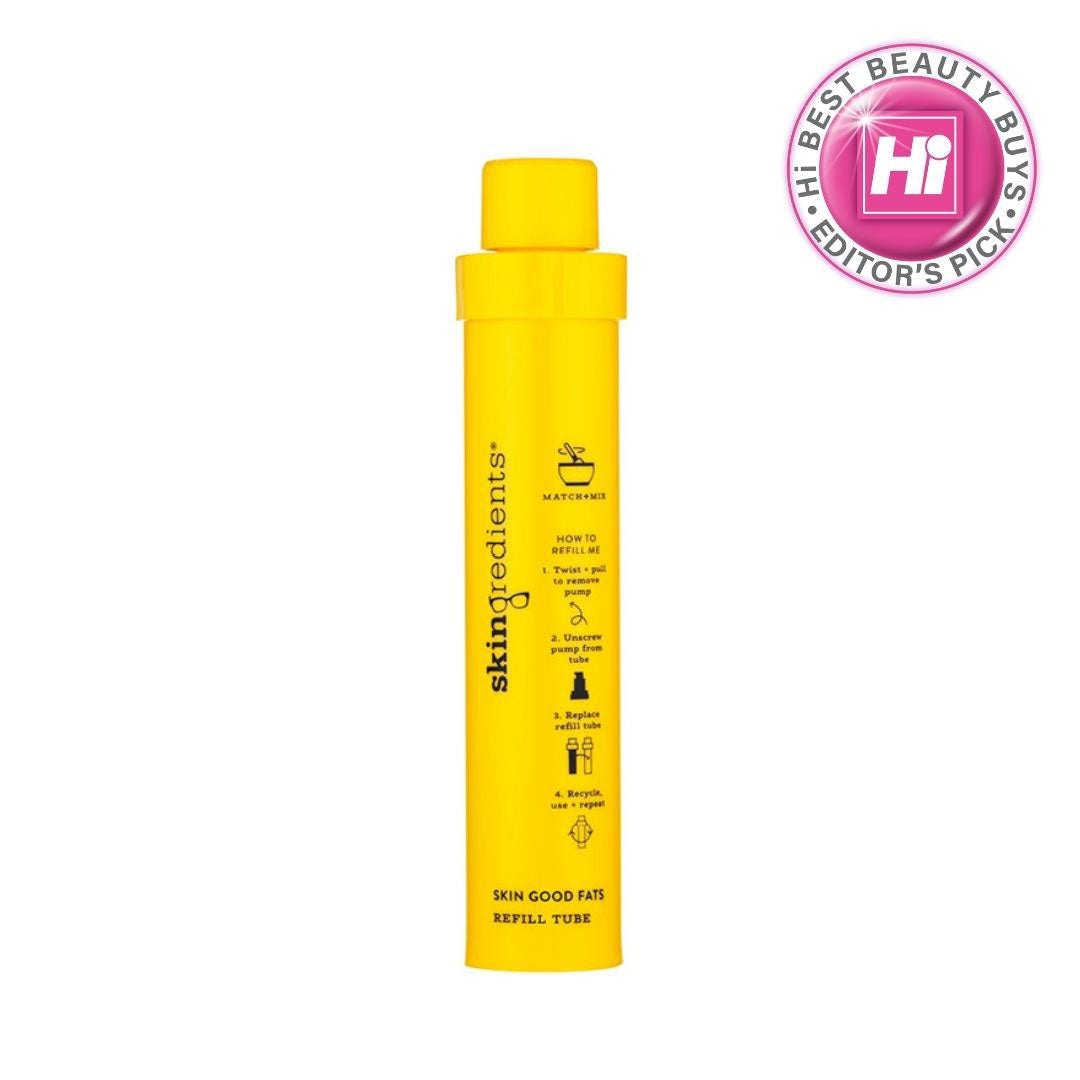 Skingredients Skin Goods yellow Skin Good Fats refill tube with click-in design and printed usage instructions