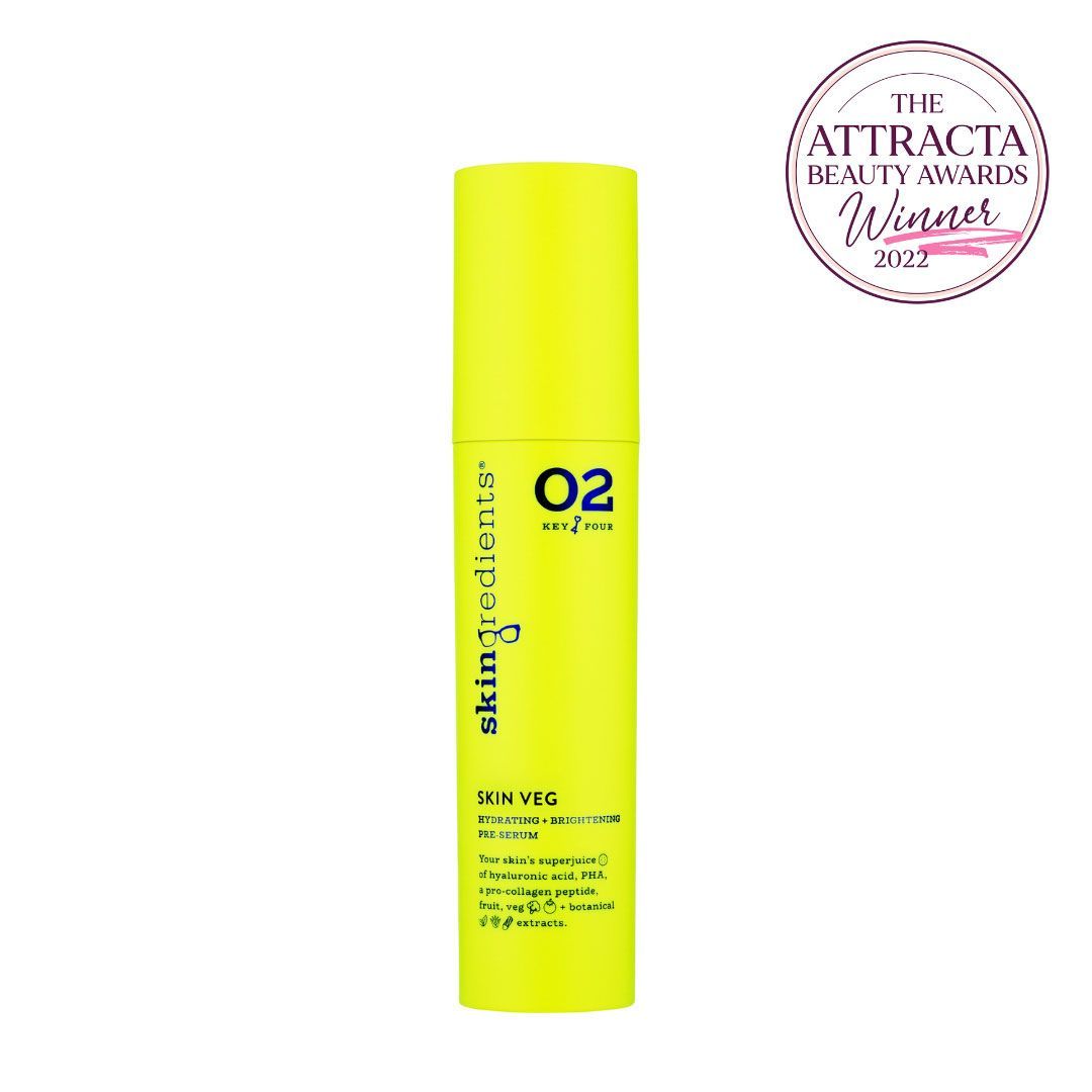 Skingredients Skin Veg bright yellow hyaluronic acid serum bottle with sleek cylindrical pump design