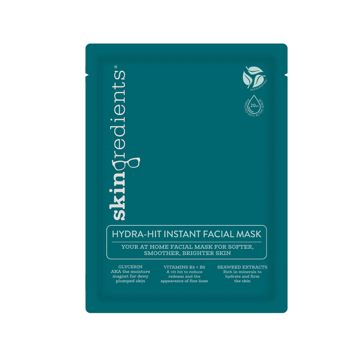 Teal facial mask packaging with 'skin ingredients' branding on a white background