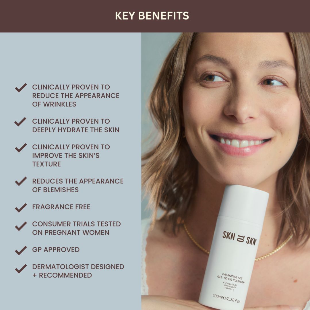Skn to Skn Balancing Act Gel-To-Oil Cleanser white bottle held by smiling woman, with key benefits listed