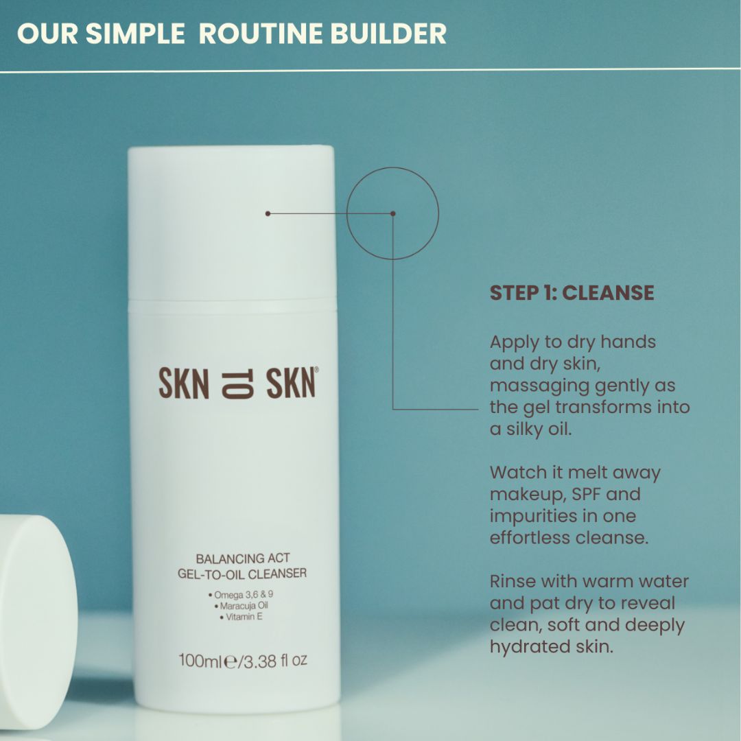 Skn to Skn Balancing Act Gel-To-Oil Cleanser white cylindrical pump bottle with minimalist black label