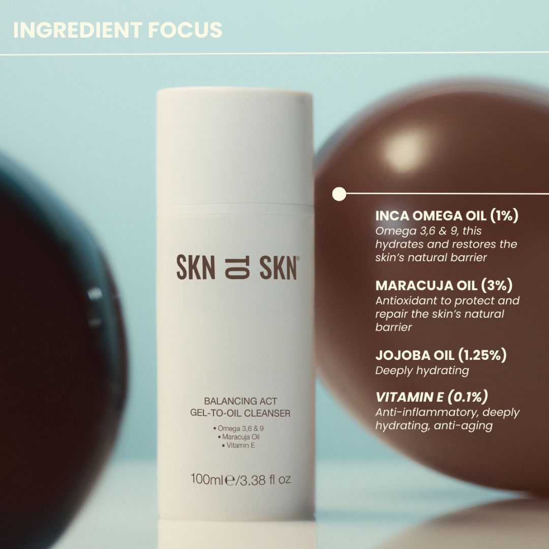 Skn to Skn Balancing Act Gel-To-Oil Cleanser in a white cylindrical bottle with ingredient details